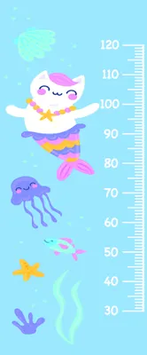 A cheerful illustrated height chart featuring a smiling child in colourful clothing surrounded by underwater creatures including jellyfish, starfish and fish against a light blue background with measurement markings from 40 to 120 centimetres.