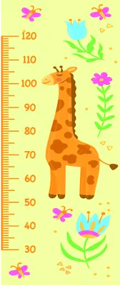A cartoon giraffe with brown spots stands against a yellow background next to a numbered height chart, surrounded by pink, blue and green flowers.