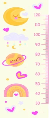 A vertical height chart from 30 to 120cm decorated with a sleeping yellow moon, floating stars, a smiling planet with pink rings, a rainbow, and scattered hearts and dots in yellow and pink.