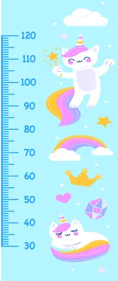 Pastel-coloured height chart illustration showing a smiling unicorn surrounded by rainbows, clouds, stars and a crown against a light blue background with measurements from 30 to 120 centimetres.