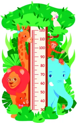 A height chart decorated with a giraffe, lion, elephant and monkey among tropical foliage, with measurement markings from 40 to 110 centimetres.