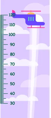 A stylised purple and pink helicopter graphic with a white measurement scale marked in centimetres from 30 to 120, set against a soft purple gradient background.