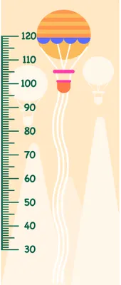 A height chart illustration featuring three hot air balloons in warm pastels ascending past a numbered measurement scale from 30 to 120 centimetres.