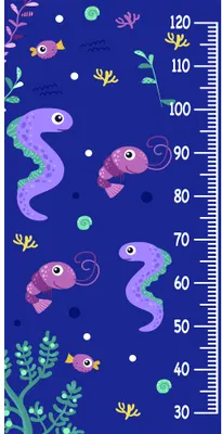 A height chart from 30 to 120 centimetres featuring purple and pink seahorses, orange and pink fish, yellow coral, and green seaweed against a deep blue background.