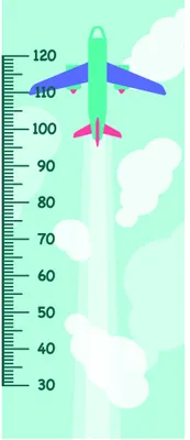 A minimalist illustration of a green and pink aeroplane flying upwards against a mint green background with white clouds and a height measurement scale marked from 30 to 120.