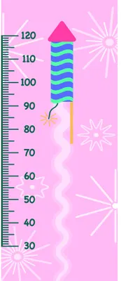 A height measurement chart with a striped pastel tower design and scattered white flower motifs on a pink background, marked with measurements from 30 to 120 centimetres.