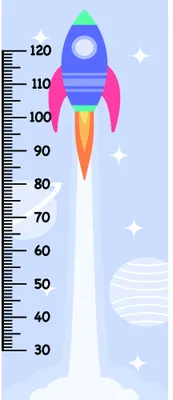 A colourful cartoon rocket ship with a blue nose cone and pink fins blasts upward against a light blue background with white stars and planets, next to a numbered height measurement scale from 30 to 120.