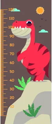 A pink dinosaur with stripes stands beside a height measurement scale marked in centimetres, with sun, clouds and plants in a brown and grey landscape.