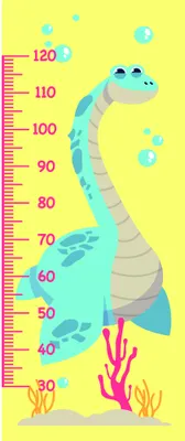 A cheerful turquoise sea serpent with a smiling face stretches vertically against a bright yellow background, with measurement markings from 40 to 120 centimetres along its body, surrounded by bubbles and colourful pink coral at the base.