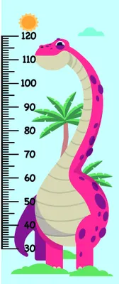 A bright pink dinosaur with a curved body forms a height measurement scale marked from 30 to 120 centimetres, surrounded by green plants and a yellow sun against a pale blue sky.