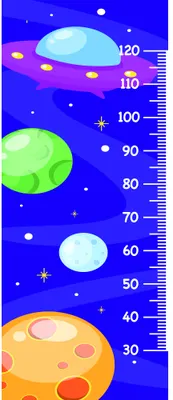 A vertical height chart featuring four colourful planets of varying sizes against a deep blue starry background, with measurement markings from 50 to 120 centimetres along the right edge.