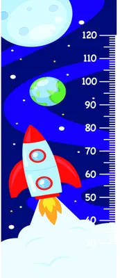A red and yellow cartoon rocket ship launches upward past a glowing moon, surrounded by white stars and planets against a deep blue starry sky, with a measurement scale from 40 to 120 centimetres running down the right side.