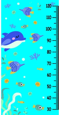 A cartoon underwater scene featuring a large purple whale, smaller striped fish, coral, bubbles, and a measurement ruler marking heights from 30 to 120 centimetres against a bright teal background.