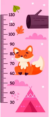 A bright illustration of an orange fox with white markings standing next to a height measurement scale from 30 to 120 centimetres, with pink clouds, a mountain, watering can and stars scattered across a pink background.