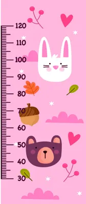 A pink height chart featuring a white bunny with a smiling face and a peach-coloured bear, decorated with hearts, flowers, clouds and small botanical elements along a numbered measurement scale from 30 to 120.