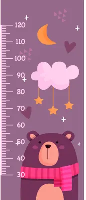 A height chart illustration showing a purple bear wearing a pink scarf, surrounded by a pink cloud, crescent moon, stars and hearts on a purple background with measurement markings from 60 to 120 centimetres.