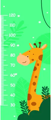 An illustrated orange giraffe with brown spots stands beside a height measurement scale marked from 30 to 120 centimetres, set against a bright green background with small plants and stars.