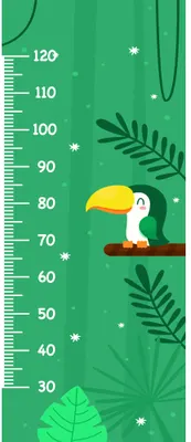 A height measurement chart featuring a white toucan with a yellow beak sitting on a brown branch, surrounded by green tropical leaves and small white stars on a green background.