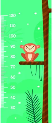 A cartoon monkey with a wide grin sits on a brown branch against a bright green background, with a height measurement scale marked from 30 to 120 centimetres running down the left side.