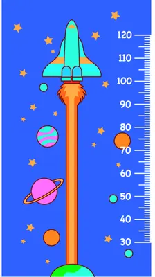 A colourful height chart featuring a bright green and turquoise rocket with an orange flame, ascending past golden stars and planets including Saturn and Earth, with a measurement scale from 30 to 120 centimetres on a vivid blue background.