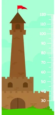 A brown brick lighthouse with a red flag, arched doorway, and height measurement scale from 30 to 120 centimetres, set against a mint green background with green grass at the base.