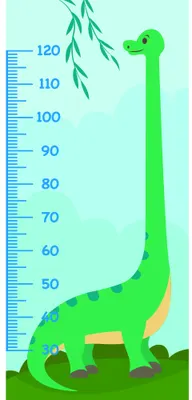 A tall green illustrated dinosaur stands beside a blue height measurement scale numbered from 60 to 120, with small brown rocks at its feet and a pale mint-green background.