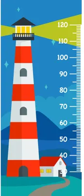A red and white striped lighthouse with a small cottage at its base stands against a blue sky, with height measurements marked from 40 to 120 centimetres along its right side.