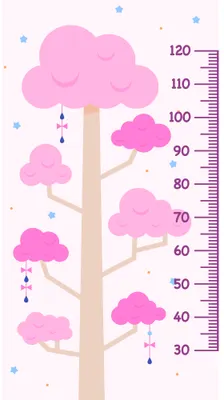 A height measurement chart featuring a pale tree trunk with pink clouds at various heights, small blue stars scattered around, and numbered measurements from 30 to 120 centimetres marked on the right side.