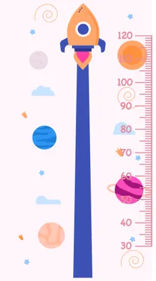 A tall vertical height chart featuring an orange rocket with blue flames ascending past colourful planets, stars, and clouds against a light background, with measurement markings from 30 to 120 centimetres along the right edge.