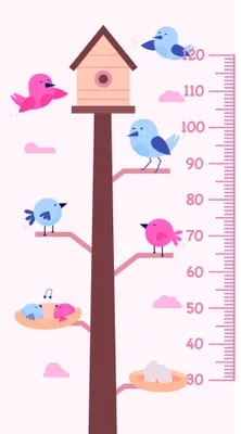 A height measurement chart from 30 to 120 centimetres featuring a wooden birdhouse at the top and colourful illustrated birds at various heights with pink and blue clouds.