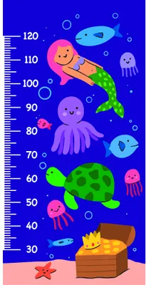 A brightly coloured height chart showing a submarine, sea turtle, jellyfish, octopus, fish and starfish arranged vertically against a deep blue background with measurements from 30 to 120 centimetres.