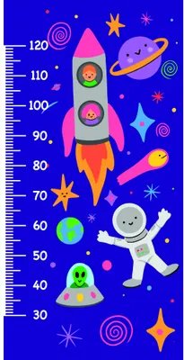 A colourful illustrated height chart on a bright blue background featuring a pink and orange rocket ship, a smiling astronaut in a spacesuit, planets, stars, and space-themed characters arranged vertically with measurement increments from 30 to 120 centimetres.