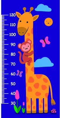 A cartoon giraffe with orange spots holds a pink monkey on its neck, with measurement markings from 30 to 120 centimetres running along its body against a bright blue background with clouds and plants.