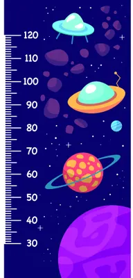A height measurement chart showing colourful UFOs and planets against a deep blue starry background, with a numbered scale from 30 to 120 centimetres running vertically along the left side.