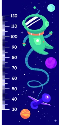 A green cartoon astronaut floats in space next to colourful planets, with numbered height markers along the left edge from 30 to 120 centimetres.
