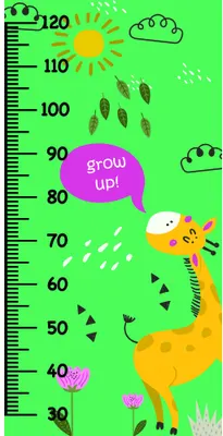 A bright green height chart featuring a tall yellow giraffe with a pink 'grow up!' speech bubble, surrounded by smiling clouds and weather elements.