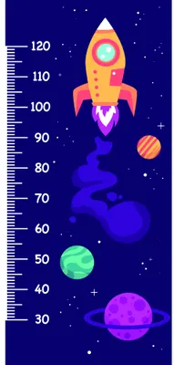 A height chart featuring a bright yellow and orange rocket ship surrounded by colourful planets against a dark blue starry background, with measurement markings from 30 to 120 centimetres along the left edge.