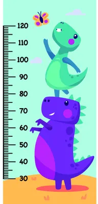 A whimsical illustration of three stacked dinosaurs in bright colours standing against a height measurement scale from 30 to 120 centimetres, with a small flower above them on a pale blue background.