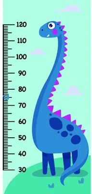 A cartoon dinosaur with a long neck and purple spikes stands beside a numbered height measurement scale from 30 to 120 centimetres against a mint green background.
