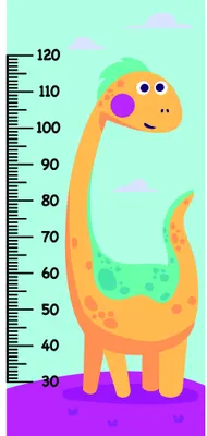 A cartoon illustration of a smiling orange dinosaur with a long neck, standing upright with a height measurement scale marked from 30 to 120 centimetres, set against a pastel turquoise background with purple ground and soft pink clouds.