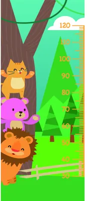 A cartoon height chart featuring a stacked yellow cat, pink bear, and orange lion climbing a tree trunk, with numbered height measurements from 0 to 120 against a bright green forest background.