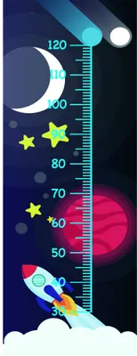 A vertical height chart featuring a rocket ship launching upward through a dark blue starry sky, passing a glowing moon and pink planet, with yellow stars scattered throughout and measurement markings from 50 to 120 centimetres.