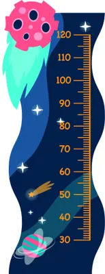 A height chart featuring a large pink flower with dark centres at the top, set against a dark blue space background with a scale marked 30-120cm, planets, and white stars.