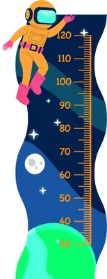 A height chart showing an orange astronaut in a spacesuit floating upward past measurement markings from 40 to 120 centimetres, with a starry navy background, white stars, a glowing moon, and a bright green planet at the bottom.