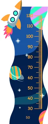 A vertical height chart decorated with an orange rocket ship, colourful planets including one with rings, stars, and measurement markings from 30 to 120 centimetres on a navy blue background.