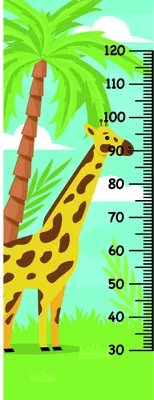 Illustration of a yellow giraffe with orange spots standing upright beside a numbered height chart scale from 30 to 120, with a palm tree behind it against a teal sky and green grass.
