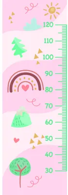 A vertical growth chart with a pale pink background featuring a purple rainbow with a heart, a smiling sun, green trees, and scattered decorative elements in soft colours.