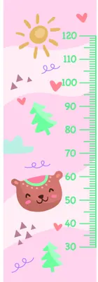 A pink height chart illustration showing a smiling brown cat face, green pine trees, a yellow sun with rays, small hearts, and measurement markings from 60 to 120 centimetres.