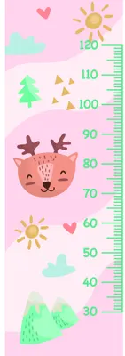 A height chart illustrated with a smiling brown bear face at centre, flanked by green trees, yellow suns, hearts, and clouds on a pink background with measurement markings from 30 to 120 centimetres.