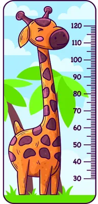 Cartoon illustration of a tall orange giraffe with purple spots standing upright against a height measurement scale marked from 30 to 120 centimetres, with green grass and blue sky in the background.